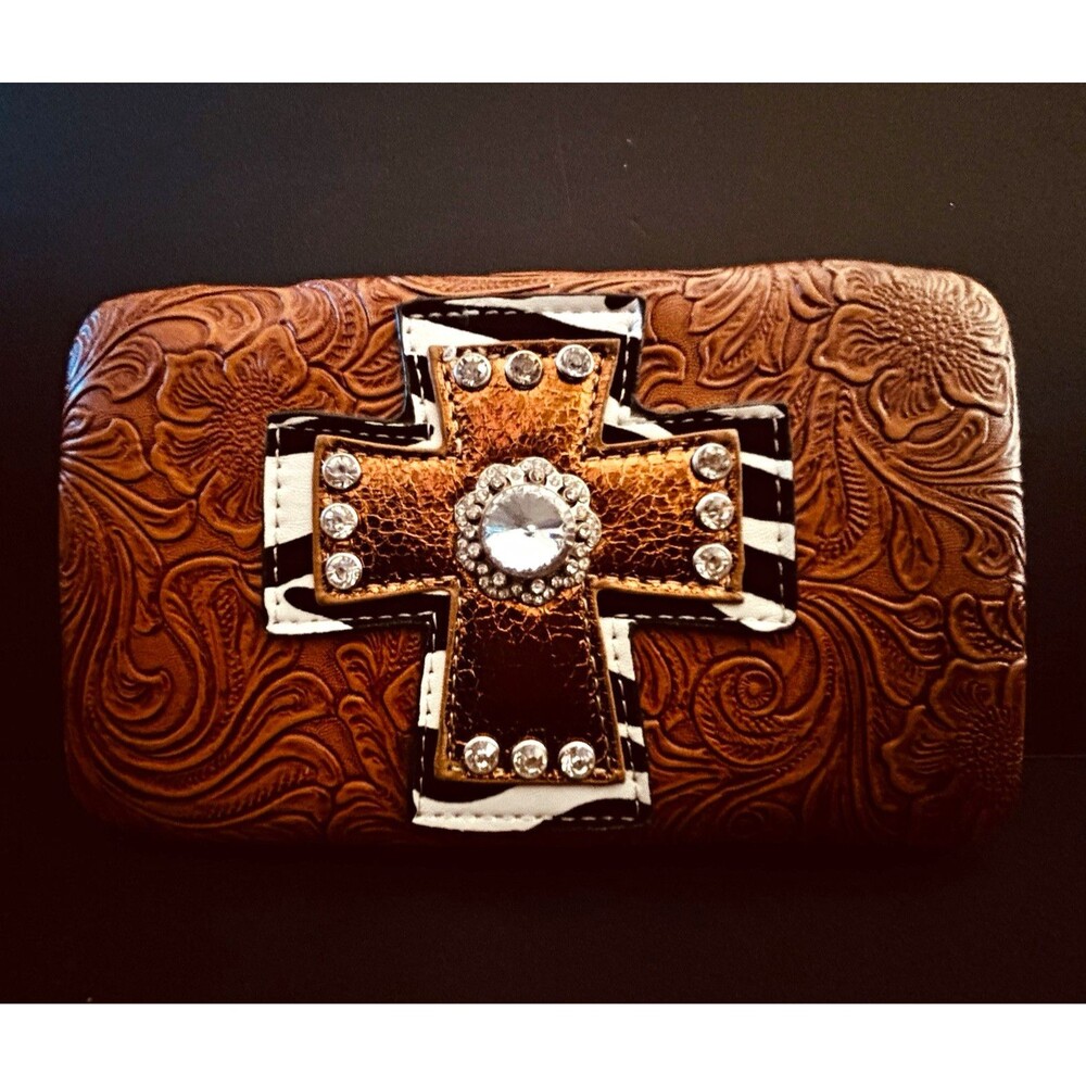 NWOT Women’s Embossed Western Faux Leather Wallet Floral Bling Cross Zebra Print